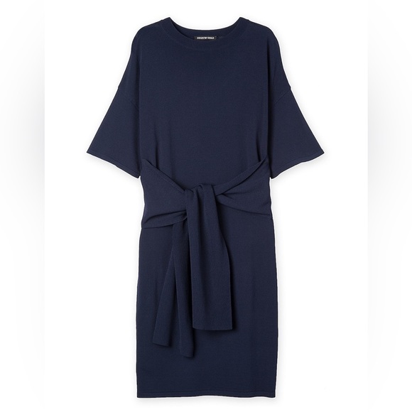 COUNTRY ROAD Navy Blue Stretch Belted Tie Front Summer Knit Casual Midi Dress - Picture 8 of 13